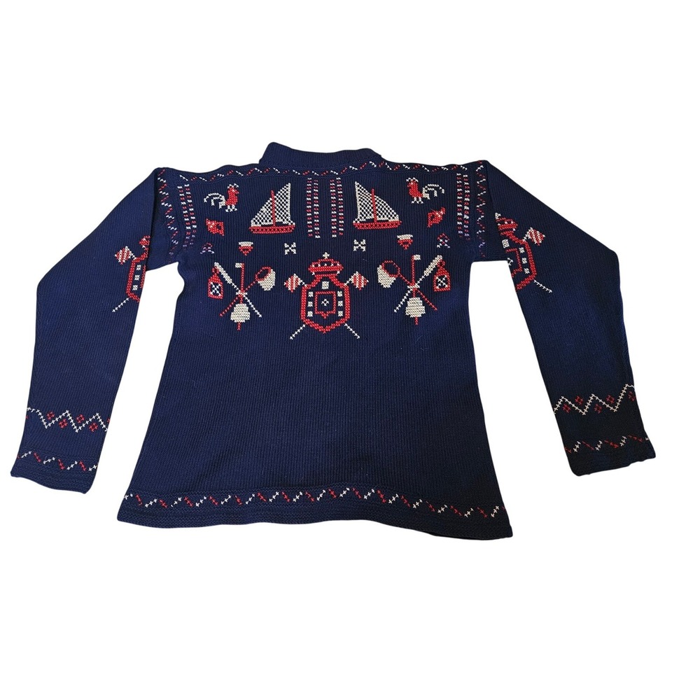 Vintage Navy Blue Nautical Embroidered Knit Sweater Sailboat Folk Art Mock Neck